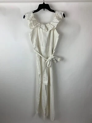 NUEVO Mono Para Cynthia Marfil Negro Rayas Volantes Mezcla de Lino Corbata Cintura P L Foto 1 de 4