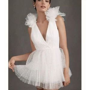 Mini abito ML Monique Lhuillier Perrie a strati spalle scoperte scollo a V taglia 10 nuovo con etichette - Foto 1 di 15