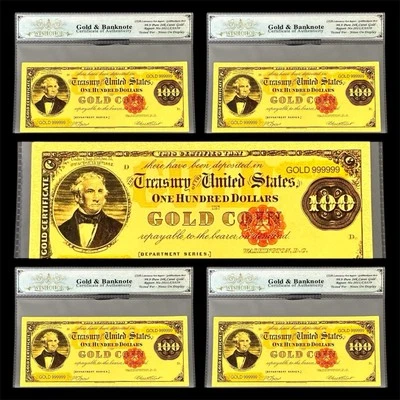 LOT X 5 1882 $100 24K GOLD CERTIFICATE US BANKNOTES IN SLEEVE W COA - Image 1 of 4