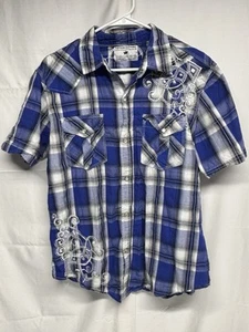 Hebilla Pop Icon Ropa Para Hombres L Camisa Abotonada Western Bordada A Cuadros Azul - Imagen 1 de 5