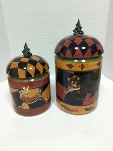 Vtg Zrike Outpost Ceramic Canisters Hand Painted Bear Deer Rustic Set Of 2 - Picture 1 of 13