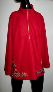 NWT Bob Mackie Siz L Wearable Art Fleece Rich Red Embroidered Half Zip Tunic top - Picture 1 of 6