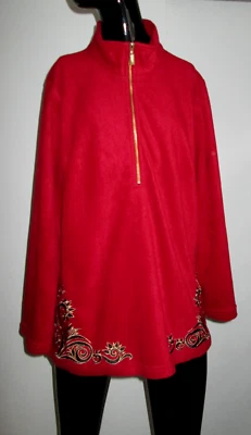 NUEVO CON ETIQUETAS Bob Mackie Talla L Usable Arte Polar Rojo Rico Bordado Media Cremallera Túnica Top Foto 1 de 4