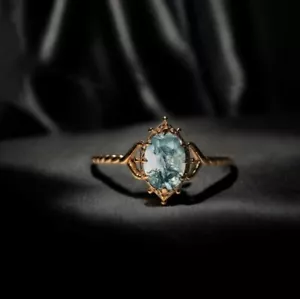Moss Agate Statement Solitaire Wedding Ring , 925 Sterling Silver Gold Plated - Picture 1 of 5