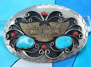 Vintage Squaw Wrap Harley Davidson Türkis und Koralle Gürtelschnalle - Bild 1 von 9