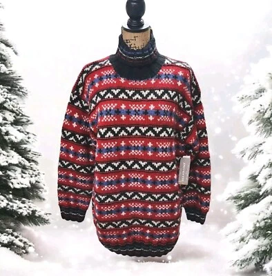 De Colección Nuevo Con Etiquetas Tejido a Mano Jones Nueva York Fair Isle Lana M Rojo Suéter Grueso Cuello Tortuga Foto 1 de 4