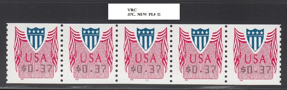 USA VARIABLE RATE COIL $0.37c. PL# 11 - STRIP OF 5 - MNH - DULL GUM - Image 1 of 1