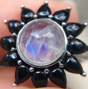 New Moonstone Black Onyx Sterling Silver Ring 925 Flower Halo Flaw - Picture 1 of 8