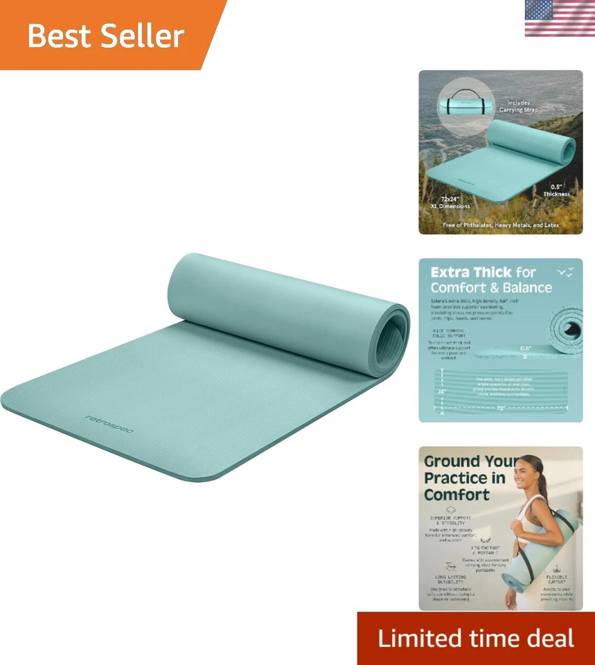 Retrospec Solana Yoga Mat 1/2" Thick w/Nylon Strap for 1/2 inch Blue Ridge