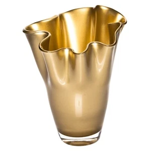 Vase Glas gewellt gold metallic Glasvase Blumenvase mundgeblasen Signature - Bild 1 von 4