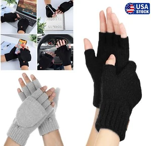 Knitted Convertible Mittens Flap Fingerless Gloves Thermal Winter Wool Men Women - Picture 1 of 21