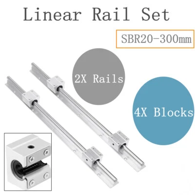 2X SBR20-300mm Linear Slide Rail Shaft Rod + 4X SBR20UU Bearing Block For CNC - Image 1 of 4