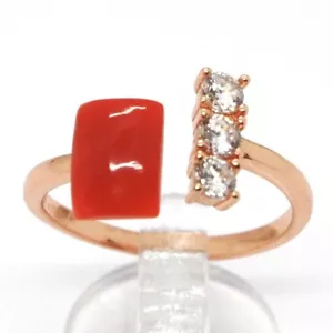ANELLO ARGENTO 925, ROSA, TRILOGY, CORALLO ROSSO CABOCHON, MADE IN ITALY - Foto 1 di 8