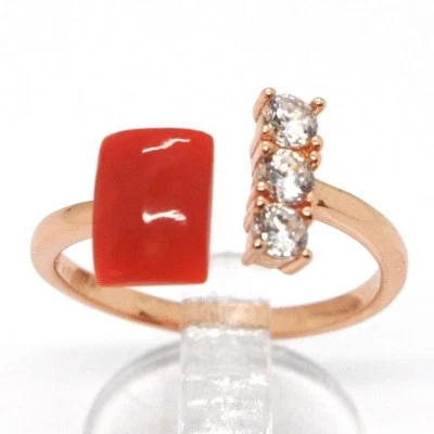 ANELLO ARGENTO 925, ROSA, TRILOGY, CORALLO ROSSO CABOCHON, MADE IN ITALY - Immagine 1 di 4
