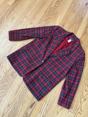 Vintage Red & Black Plaid Wool Blend Blazer Size 12P Academia Preppy Classic USA - Image 1 of 4