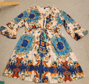 SHEIN Curve Dress Womens 0XL Blue Bohemian Peasant Tile Print Tassel Lace Trim - Picture 1 of 18