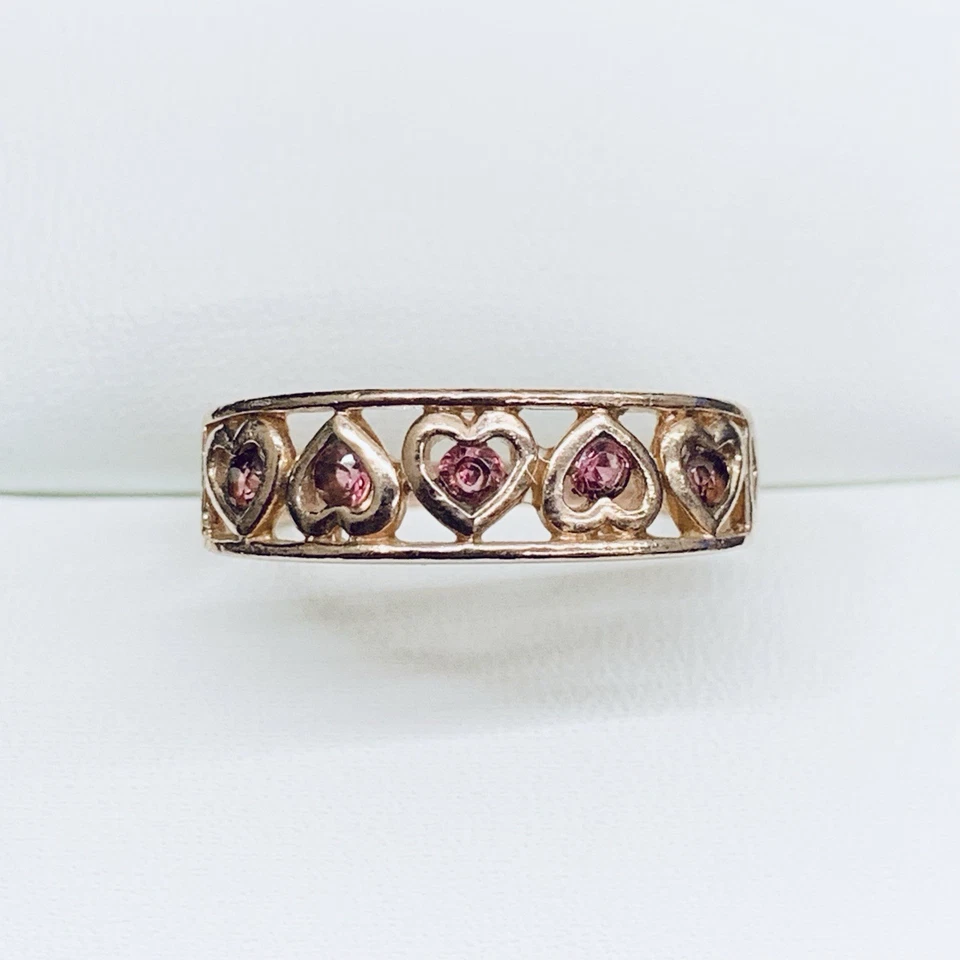 10k Rose Gold Hearts Link Pink CZ Eternity Love Engagement Wedding Ring Size 7.5 - Image 1 of 4