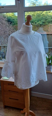 White Broderie Anglaise Top 16 100% Cotton Bow Detail Short Sleeves Cottagecore - Image 1 of 4