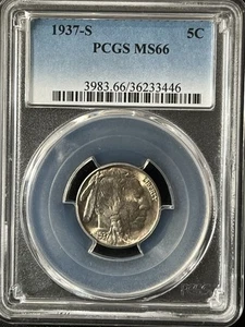1937-S 5C Buffalo Nickel graduación profesional MS66 36233446 - Imagen 1 de 2