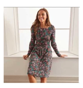 Boden Abigail Dress 8 Long Sleeve Leaf Print Stretch Jersey Pockets Thanksgiving - Picture 1 of 14