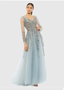 Vestido Mac Duggal #20295 Talla 2 Azul Transparente Adornado Cuello en V Manga Larga Línea A - Imagen 1 de 18