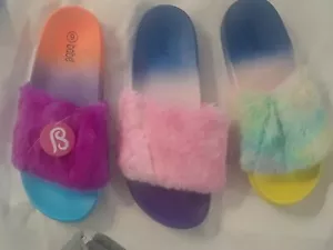 New ladies tie dies MULTICOLOR FUR slides beach furry sandals - Picture 1 of 4