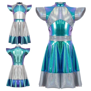 Kinder Mädchen Alien Cosplay glitzerndes metallisches Festzug Kleid Roly Play Kostüm Tanz - Bild 1 von 33