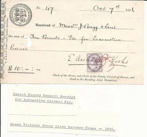 1896 £10 Locomotive License. Issued by Dorset County Council - Dorchester - Picture 1 of 1