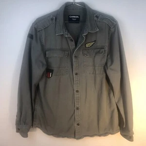 CARBON Mens Large Military Army Green Shirt Button Up Long Sleeve Patches Collar - Bild 1 von 10