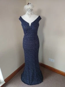 Quiz Black Silver Long Dress 12 Brocade Sparkle Formal Evening Bardot Shoulder - Picture 1 of 10
