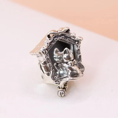 925 Sterling Silver Cat In Mirror Charm Bead For Bracelet Bangle Europe Jewelry - Image 1 of 4