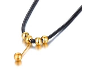 Fashion Black Leather Rope Chain Necklace Handmade Round Beads Choker for Women - Picture 1 of 6