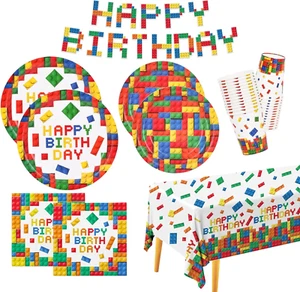 Building Block Party Supplies Paper Plates Napkins Tablecloth Banner Colorful - Picture 1 of 12