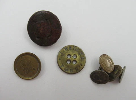 7 Antique 19th c Brass Leather Buttons/ J WALLER YORK/ Embossed Leather Cover