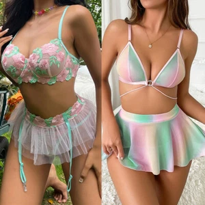 Women's Floral Applique Underwire Lingerie Bra and Panty Set Babydoll Sleepwear - Picture 1 of 30