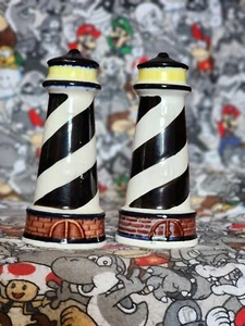 Lighthouse Salt and Pepper Shakers Barber Pole Pattern 4.5 Ceramic - Picture 1 of 5