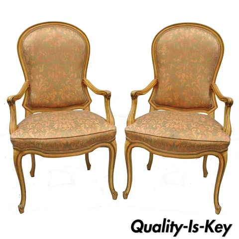 2 Italian Provincial French Hollywood Regency Upholstered Dining Room Arm Chairs Cover