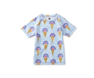 Tea Collection Girl's Short Sleeve Rainbow Cones Printed Swim Rash Guard Sz 8 - Picture 1 of 2