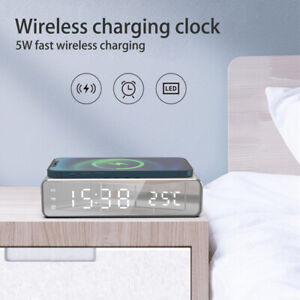 Digital Alarm Clock Table Desk Bedside Mirror LED Clock With Wireless Charger
