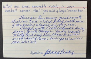 Johnny Pesky Boston Red Sox Signed Index Card W Inscription Ted Williams Mantle - Picture 1 of 2