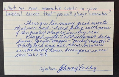 Johnny Pesky Boston Red Sox Signed Index Card W Inscription Ted Williams Mantle  - Image 1 of 2