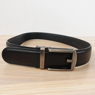 Black Leather Belt Mens 30 XS Formal Silver Slide Ratchet No Hole Slider JAPAN - Image 1 of 4