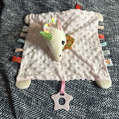 Pink Colorful Unicorn Security Blanket Lovey W Tether Tags Minky Dots 11”X11” - Image 1 of 4
