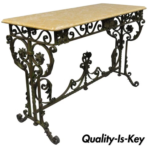 French Art Nouveau Green Wrought Iron Marble Top Scrolling Console Hall Table Cover