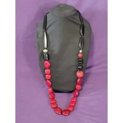 Chico's Signed Long Red & Black Asymmetrical Large Beaded Statement Necklace - Image 1 of 4