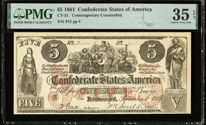 CT-31 5 $ 1861 Confederate States Civil War Contemporary Counterfeit Note, PMG 35 - Bild 1 von 6