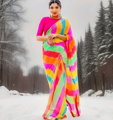 Indian Bollywood Georgette chiffon Bandhej sari Bandhani Leheriya Printed Saree - Image 1 of 4