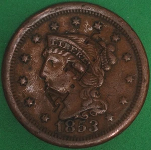 A.L.F Counterstamped 1853 Braided Hair Large Cent VF Details - Picture 1 of 2