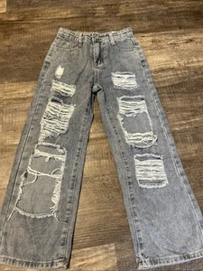 Girls Blue Large Jeans With Holes - Picture 1 of 9