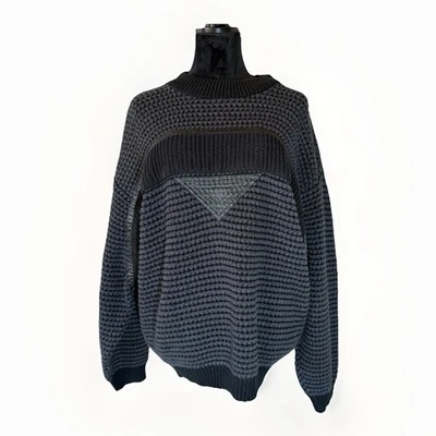 Vintage 80s Street Scenes Knit Chunky Faux Leather Patches Black Grey Sweater L - Image 1 of 4